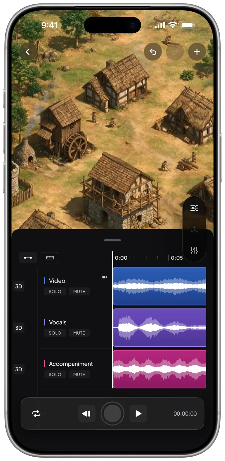 The editor of a video project on an iPhone: at the top, the image of a medieval village with thatched-roof houses and a water mill; below, its audio in three lanes, Video in blue, Vocals in violet and Accompaniment in magenta, each with solo and mute.