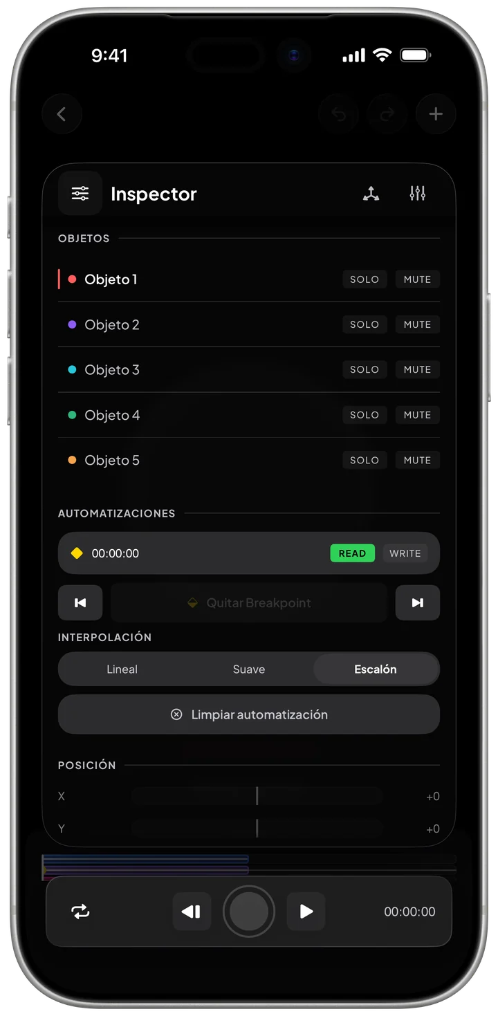 El Inspector del editor en un iPhone: la lista de objetos de la escena, del Objeto 1 al Objeto 5, cada uno con su color y sus botones solo y mute.