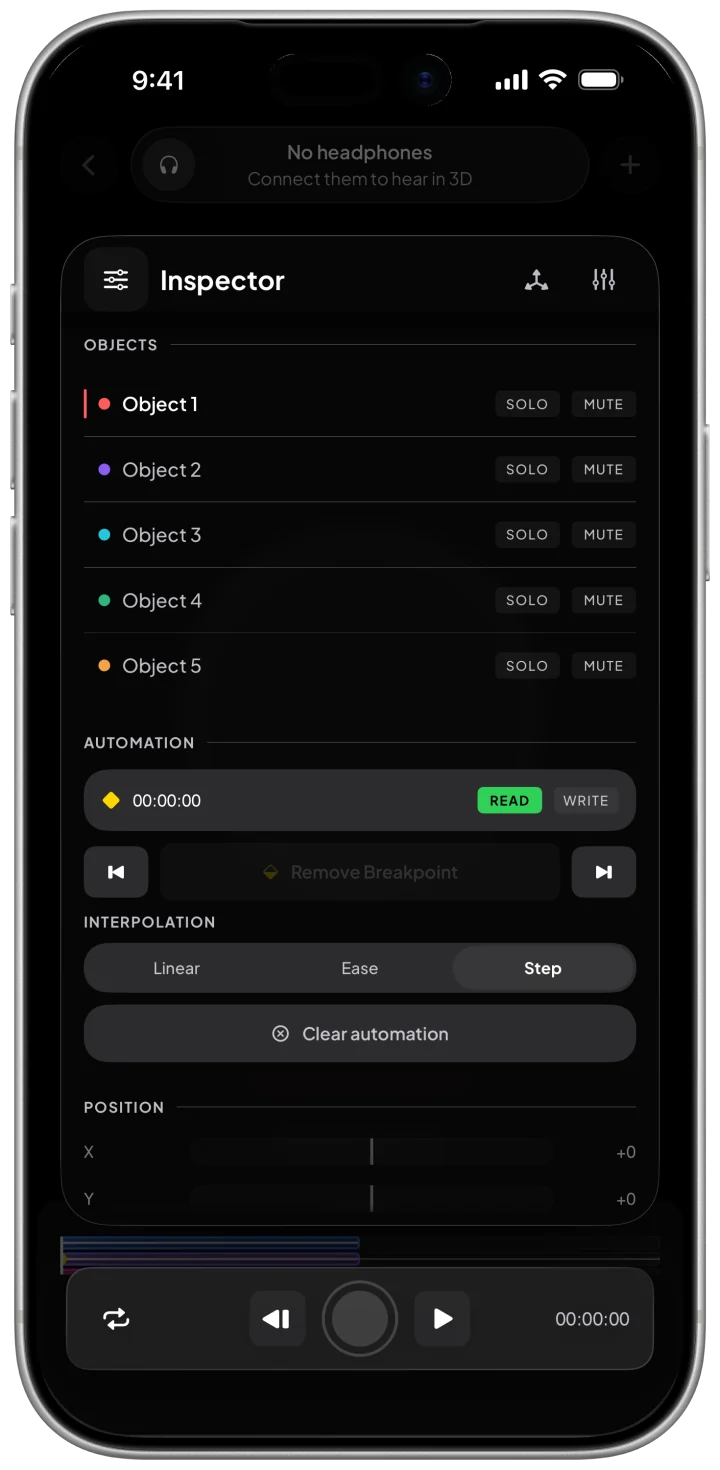 The editor's Inspector on an iPhone: the list of objects in the scene, from Object 1 to Object 5, each with its color and its solo and mute buttons.