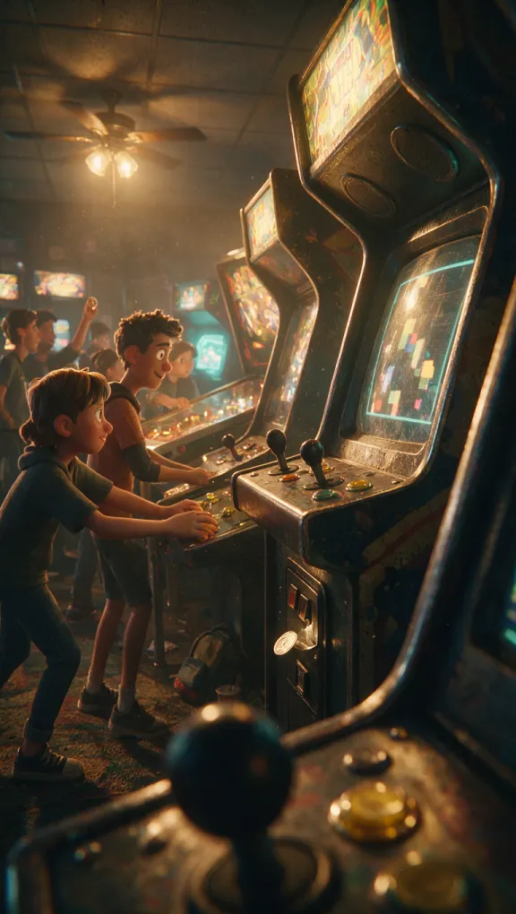Chicos jugando en las máquinas de un salón de videojuegos de los noventa, con un joystick en primer plano.