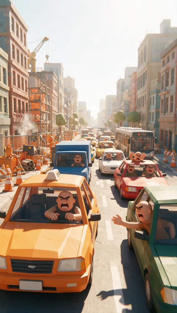 Una avenida atascada de taxis y autos con conductores enojados, entre obras y edificios bajo el sol.