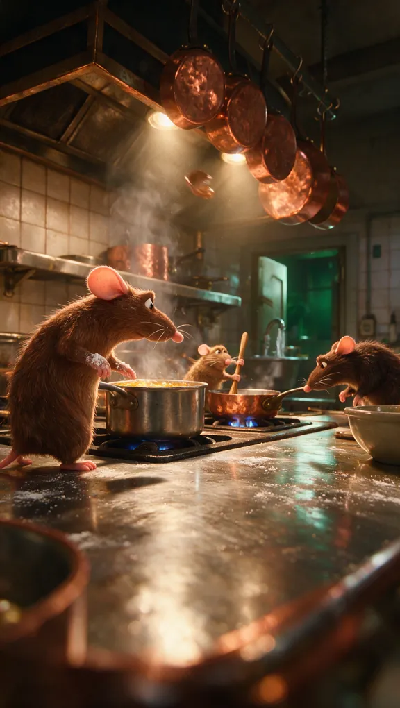 Ratas cocineras en la cocina de un restaurante, entre ollas de cobre y una sopa humeante.